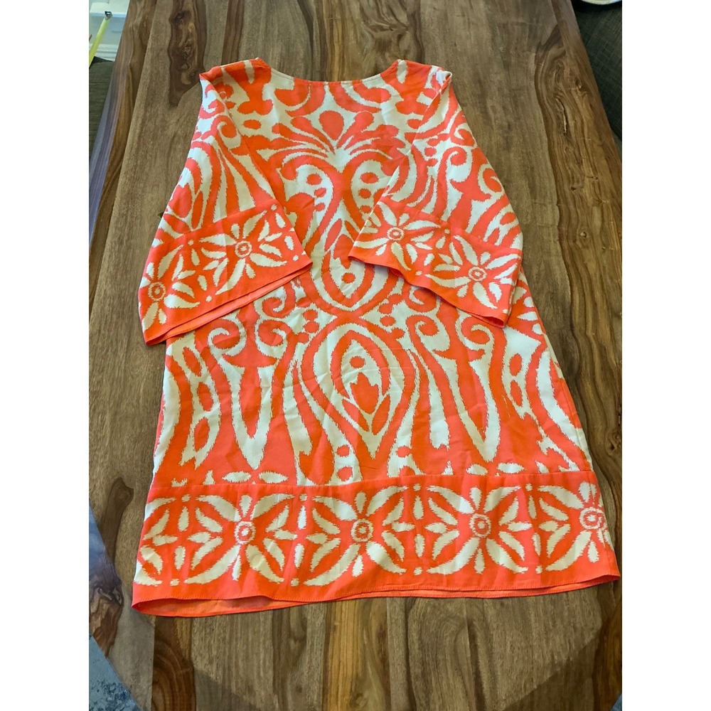 Alice & Trixie Silk Tunic Dress Medium Coral Orange Bell Sleeve Ikat Cover Up - Picture 15 of 15